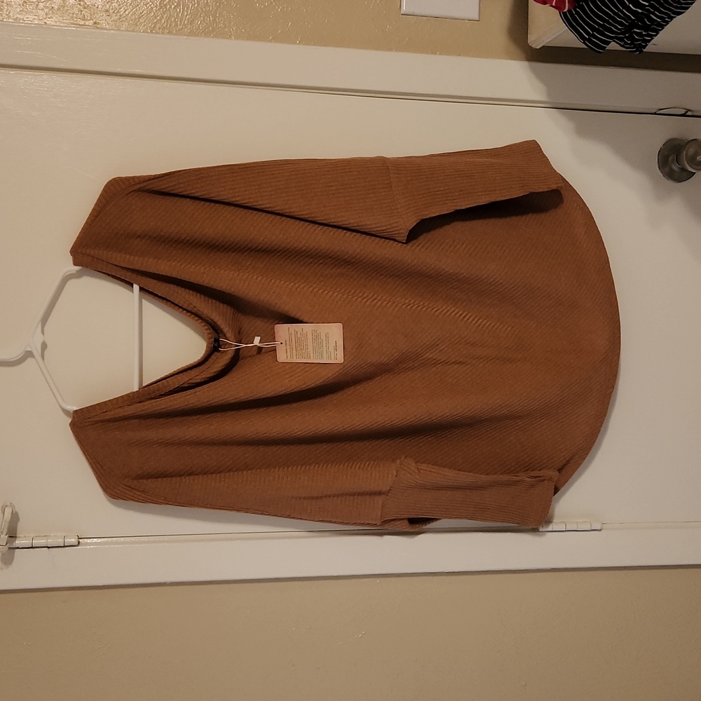 Amazon Ribbed Off-the-Shoulder Sweater in Camel